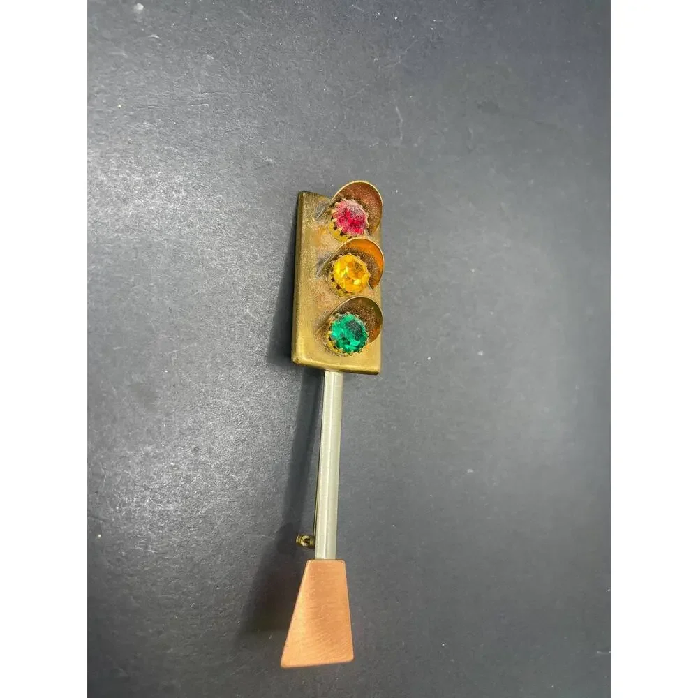Vintage Traffic Light Stoplight Rhinestone Brooch Pin Gold Tone Red Yellow Green